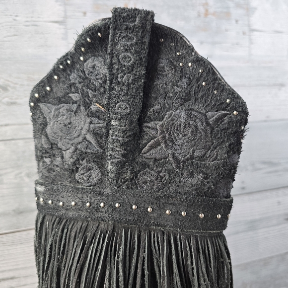 Dan Post Mid Calf Suede Leather Fringe Western Black Boots Size 6 - Picture 2 of 16